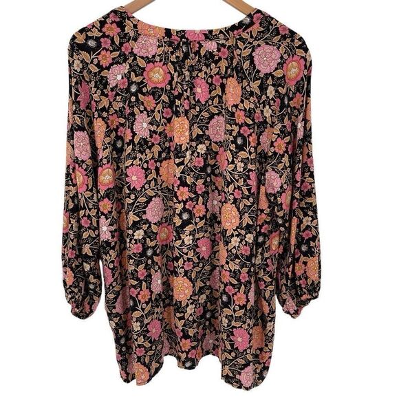 Jones New York Split V-Neck Button Front Blouse Floral Women 1X Black Pink Tan - Picture 3 of 8